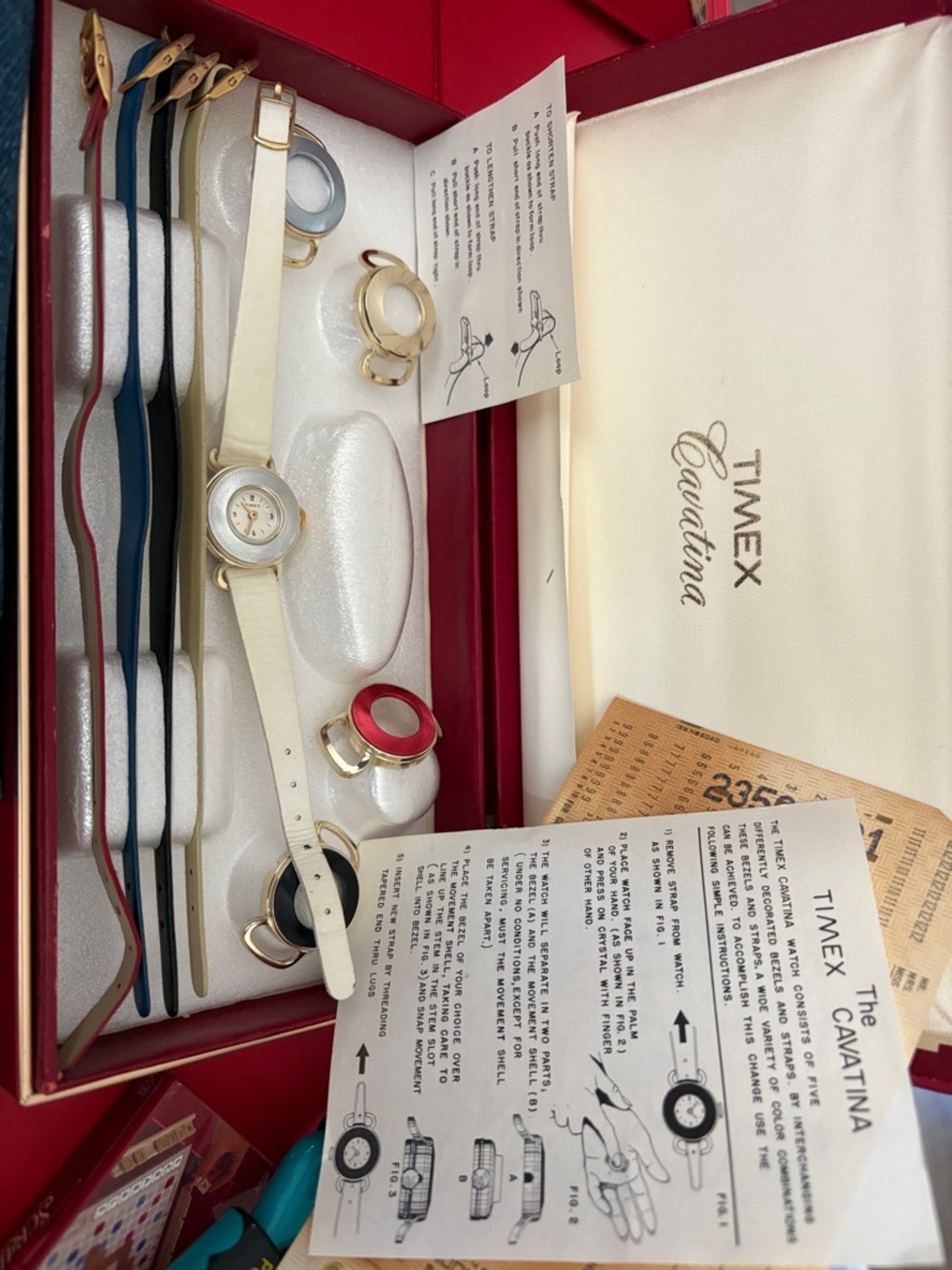 Vintage Timex Cavatina Watch Set with Cream Strap and Multicolor Bezels